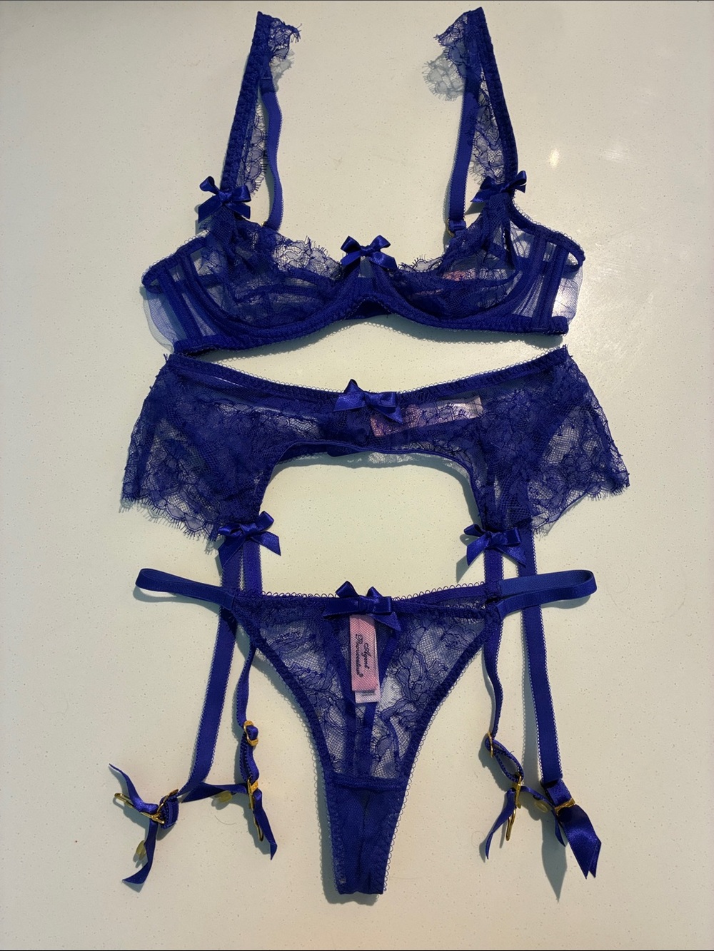 Agent Provocateur Electric Blue Sheer Lace Bra, Garter Belt & Thong Set